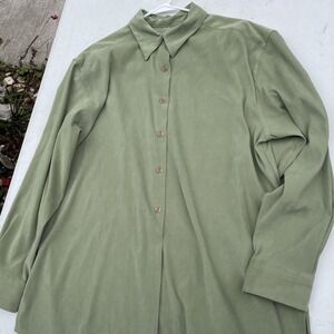 Real Comfort Womens Sz L 100% Linen Button Down Long‎ Sleeve Shirt Green